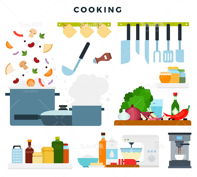 一套插图，显示烹饪过程。配料和厨房用具。矢量插图。