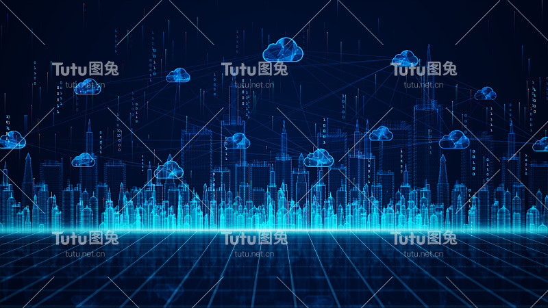 数字城市和云计算采用人工智能，5g高速连接数据分析。数字数据网络连接和全球通信背景。