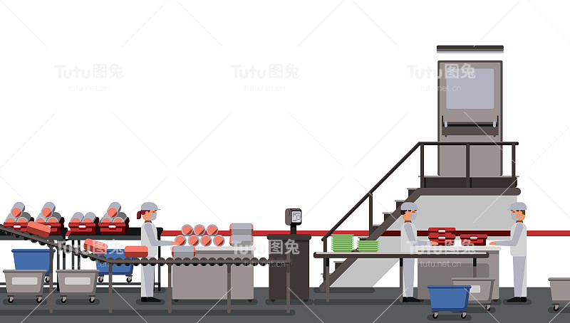 肉类工厂与工人在白色背景，工业设备，工厂内部，社交距离，食品行业矢量插图