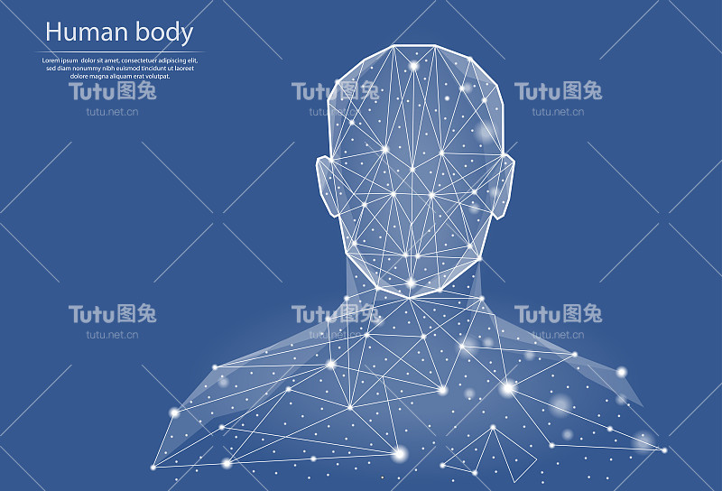 以线和点的形式展示人体的低多边形矢量图，由三角形和几何形状组成。3 d多边形空间。抽象的人的形象的形式，一个神经网络。