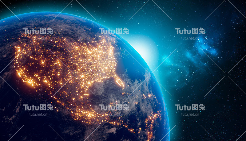 从外太空看到的地球和北美大陆的城市灯光。3 d渲染插图。地球地图纹理由美国宇航局提供。能源消耗、电力、工业、供电、生态概念。