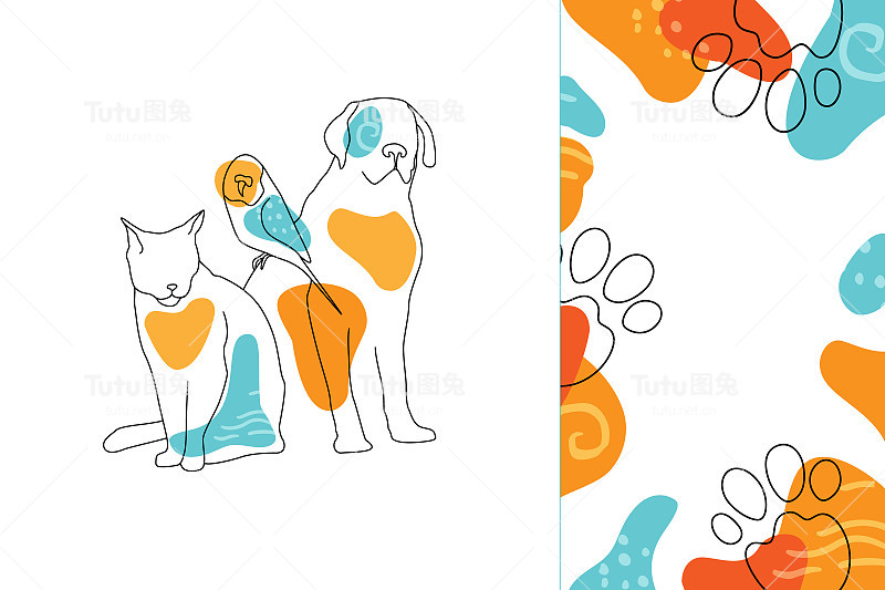 狗、猫、鹦鹉，现代简约风格。矢量时尚线性艺术。兽医或宠物友好的概念插图。
