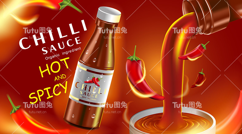 辣椒酱产品广告和辣椒火形状与燃烧的火焰效果在黑色的背景，3d插图
