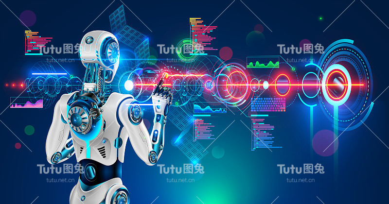 使用抽象技术全息图界面的机器人或人形半机械人。未来AI在工业4.0开发工业虚拟图纸细节。仿人机器人后视图看屏幕。