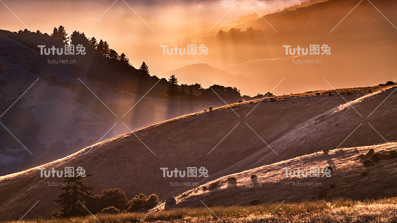 夕阳景观，阳光照亮了圣克鲁斯山脉的山丘和山谷;加州旧金山湾区