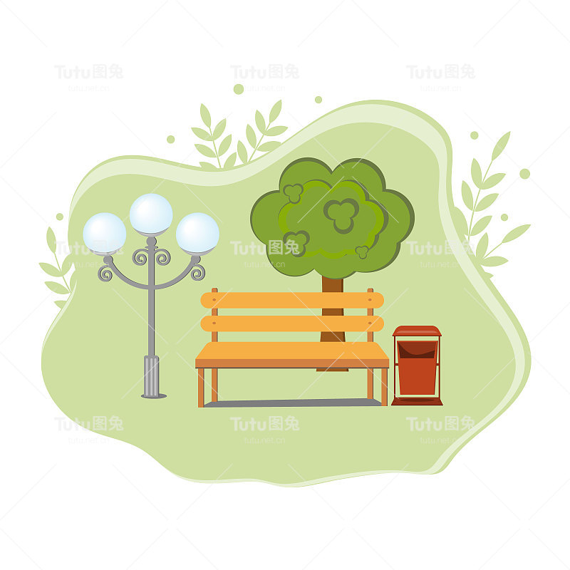 空公园长椅，灯笼和瓮在树的背景，彩色矢量插图在平风格，横幅，设计，装饰