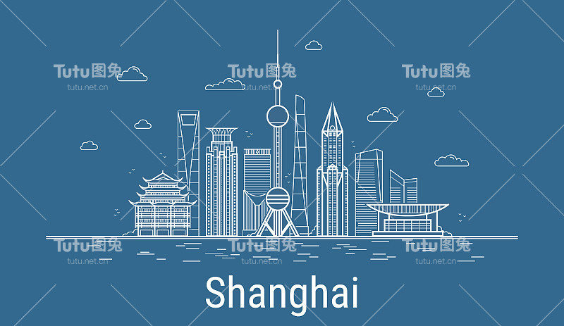 向量上海市。上海所有的著名建筑。线的艺术风格。天际线。