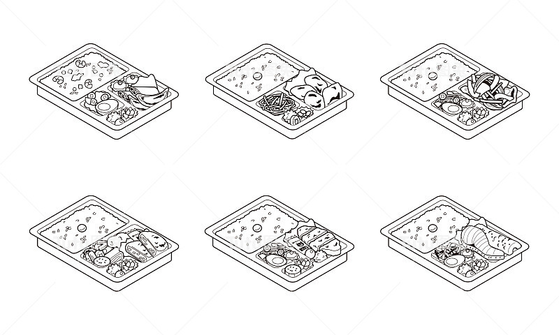 一套6个插图的午餐盒带回家在日本
