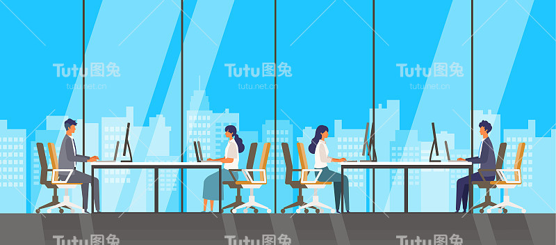 矢量插图的人在现代办公室与摩天大楼的观点。透过大窗户可以看到城市的景色。