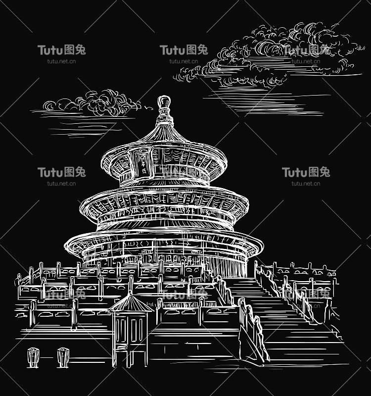 黑色中国手绘地标
