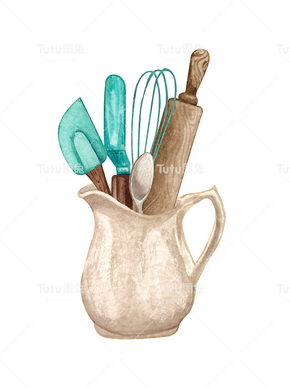 烘烤水彩插图与厨房用具在一个粘土坛子，投票针，搅拌器，勺子在白色的背景。手绘烹饪剪辑艺术。烘焙的概念。