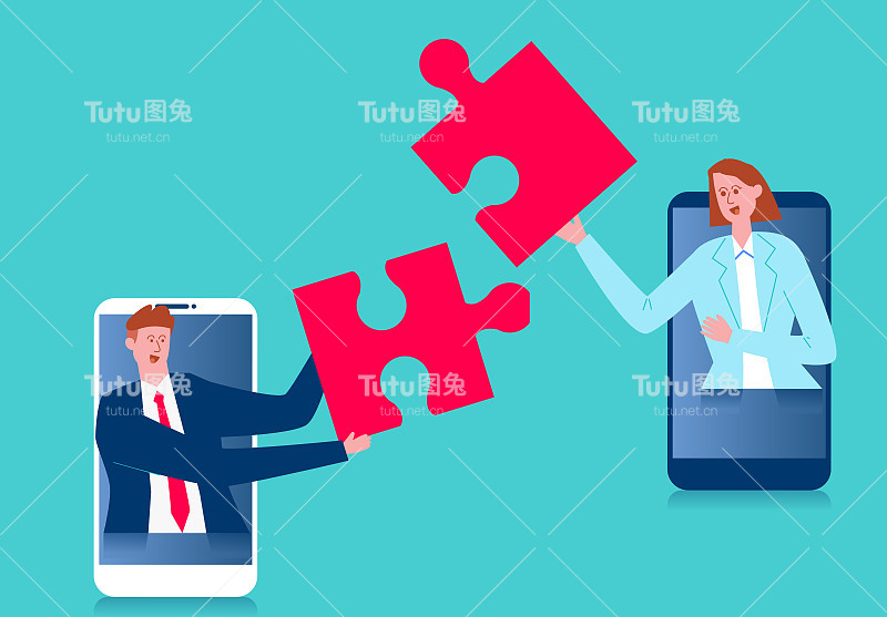 全球商业合作与交流，男商人和女商人从智能手机上拿出拼图