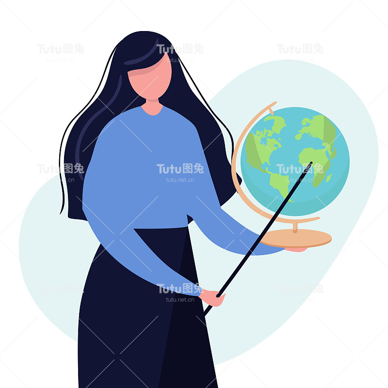 年轻的女教师正在上地球仪课。老师带着教鞭，老师展示在船上。平的。矢量插图。