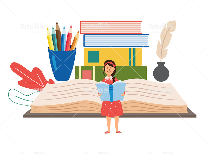 学校教育旗帜与女学生之间的书籍平面矢量插图。