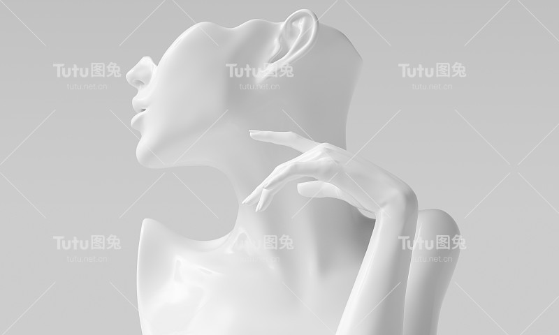 女性抽象的白色轮廓和优雅的人体模型姿态，女性剪影雕塑，耳环展示，珠宝展示概念，3d渲染