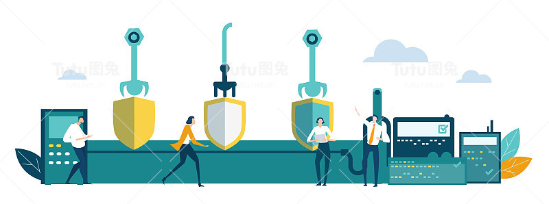 工厂用商业人员和工人和传送带生产线用机器人双手制造护盾，数据保护设备。工厂自动化生产，制造理念