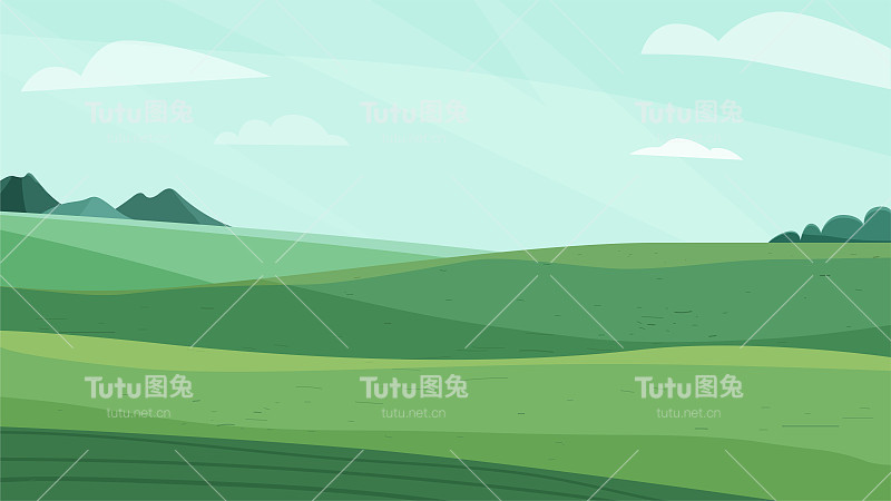 景观矢量插图。绿色的草地、山丘、植物和蓝天白云。春天大自然，夏天田园风光。农村为有机生产的背景