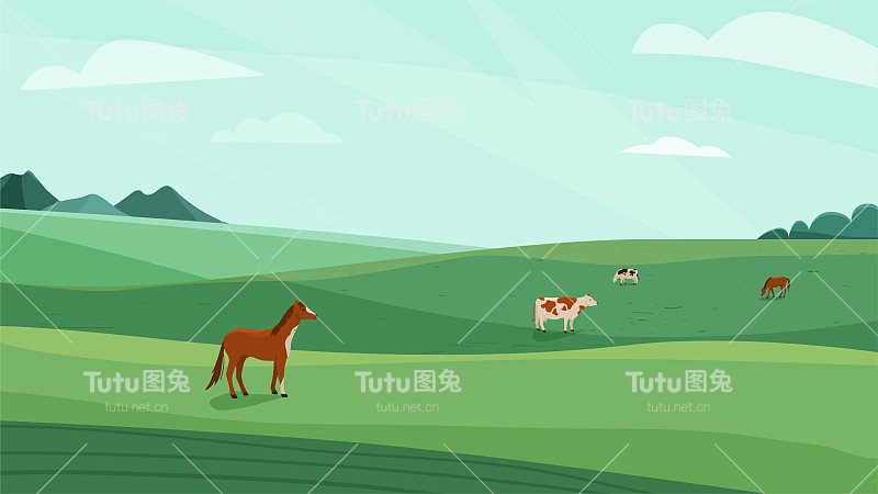 农场景观矢量插图。绿色的草地，小山。牛、马等动物在吃新鲜的草。春天大自然，夏天田园风光。农村为有机生产的背景