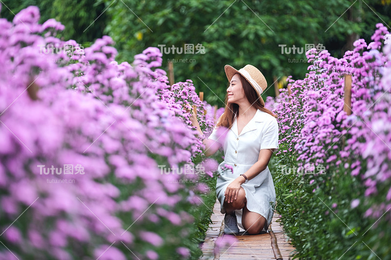 玛格丽特花圃里的一位年轻美丽的亚洲女子