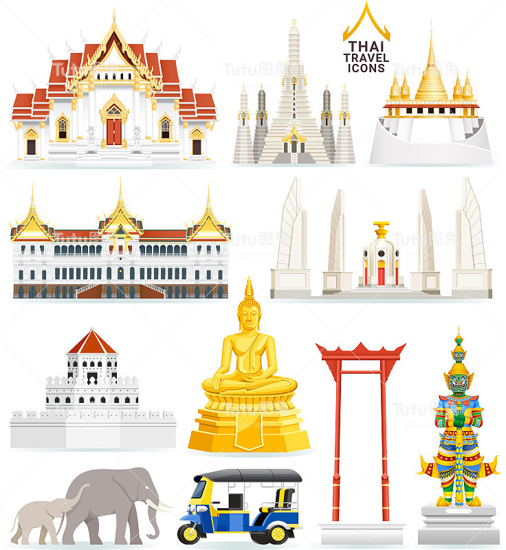 泰国著名的标志性建筑。矢量插图。