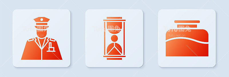 用沙子设置老沙漏，警察和Inkwell。白色正方形按钮。向量