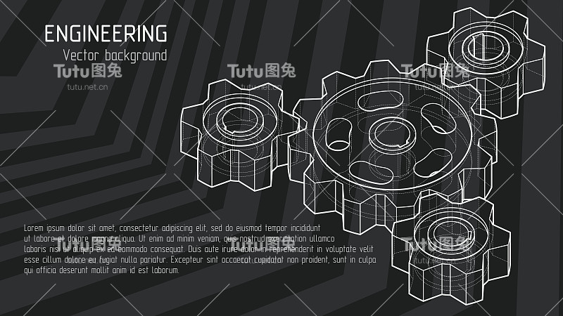 等距3d绘制齿轮矢量背景。16:9的宽高比。