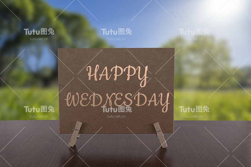 桌上的周三快乐卡片以阳光明媚的绿色森林为背景。