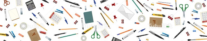 文具。水平背景广告商店，公司。插图。孤立在白色背景上。铅笔，钢笔，毡尖笔，刷子，橡皮，剪刀，胶带。向量