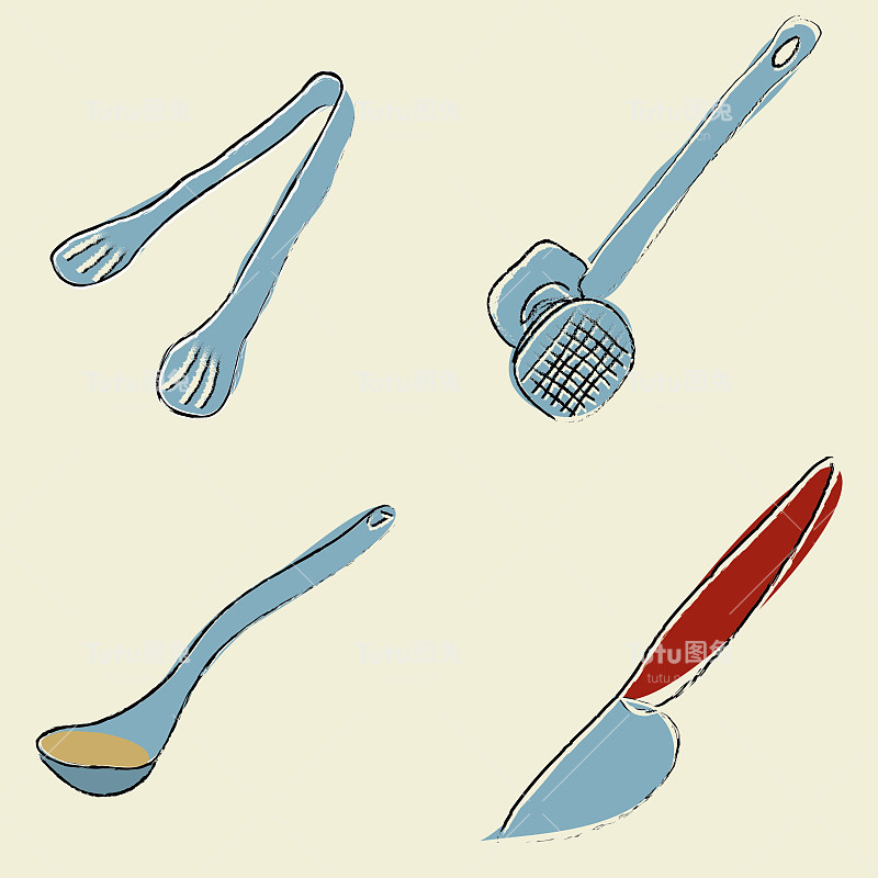 厨房用具(烧烤钳、肉锤、勺子、刀)