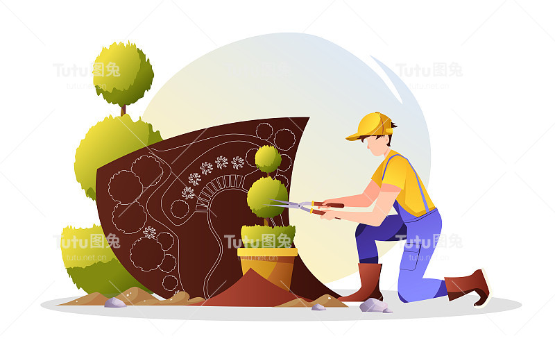 穿工作服的园丁用剪刀修剪或修剪植物。园林之规划或设计工程。景观设计师，园林服务理念。