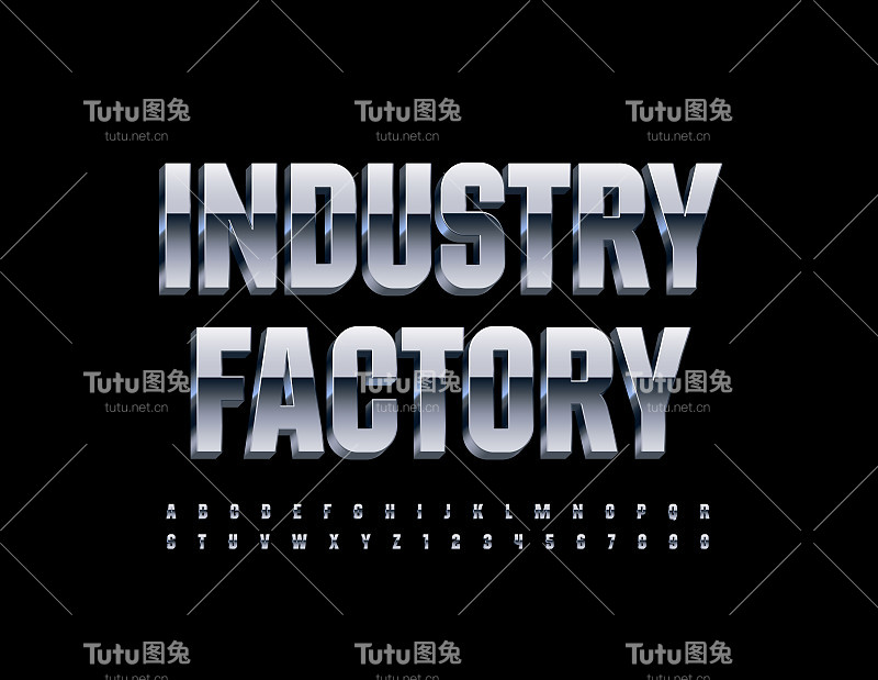 矢量铬旗帜工业工厂。3D金属字母和数字集
