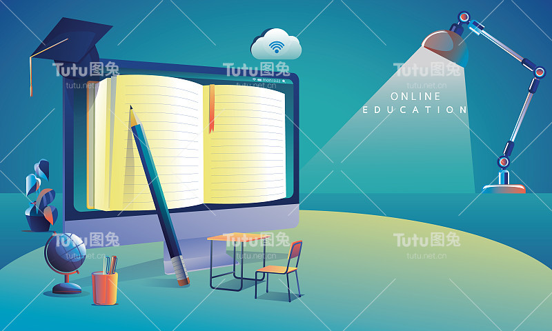在线教育应用学习全球计算机，移动网站背景。社会距离概念书讲座铅笔。课堂培训课程，图书馆矢量插图平面设计