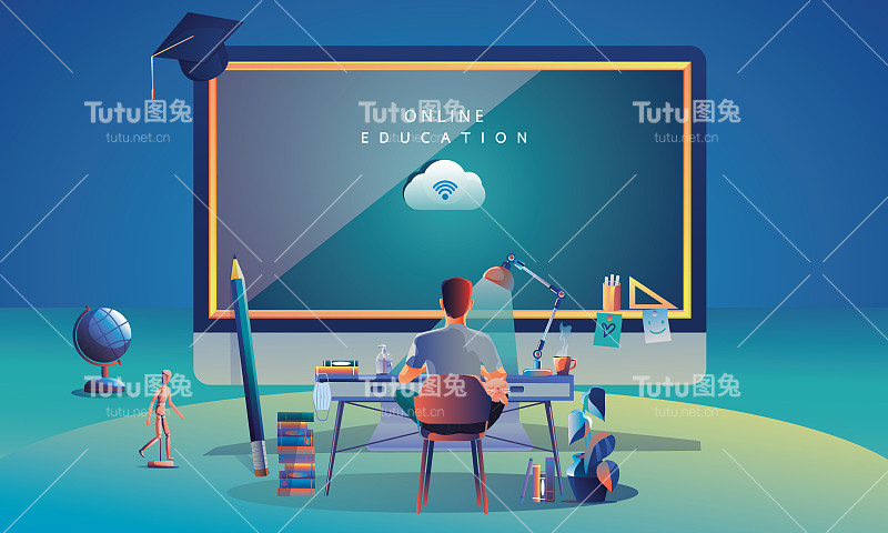 在线教育应用全球计算机、移动网站学习背景。社会距离概念书演讲铅笔。课堂培训课程，图书馆矢量插画平面设计