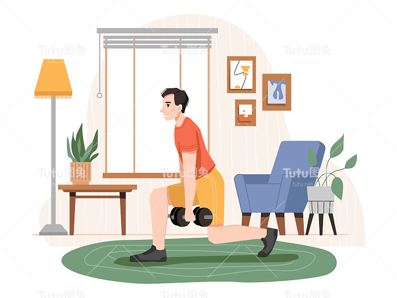 男性人士在家健身，孤立的男性举着哑铃。健身和举重的爱好和肌肉的生长。他过着积极的生活。卡通人物，矢量在平面风格