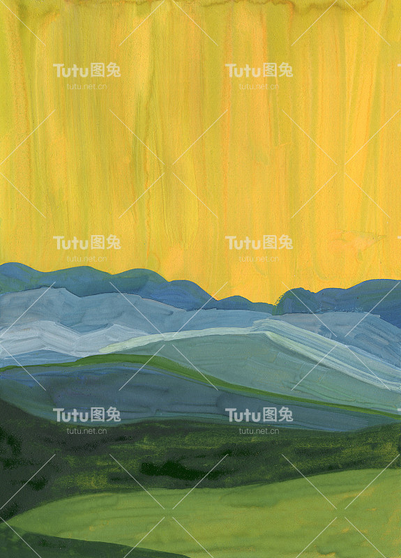 手绘丙烯，油画或水粉画。黄阳光明媚的天空。蓝，白，绿的山剪影。的雪峰。绿色田野或草地纹理背景。自然与生态。明信片、海报