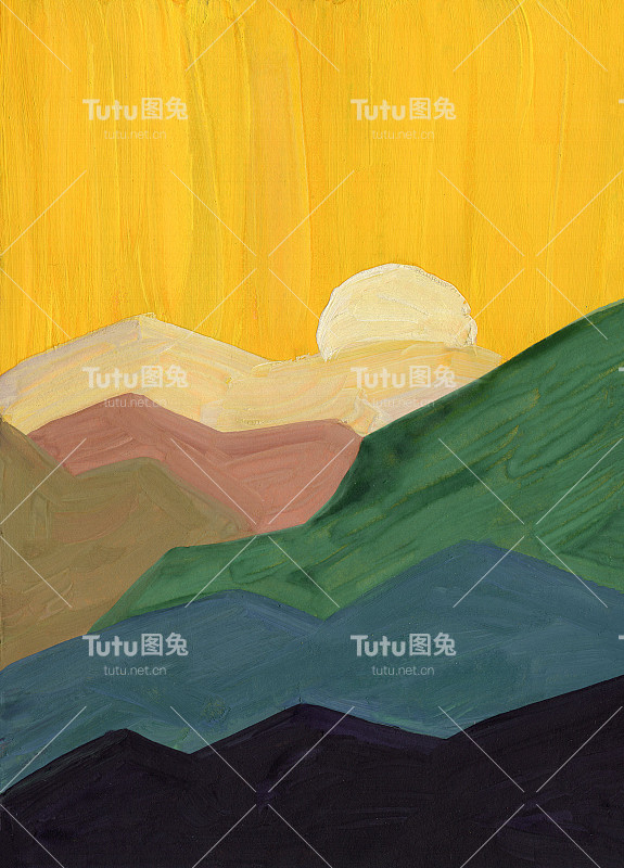 手绘丙烯，油画或水粉画。黄阳光明媚的天空。棕色，白色，绿色，粉红色和黑色的山轮廓。的雪峰。纹理背景。自然与生态。明信片和海报