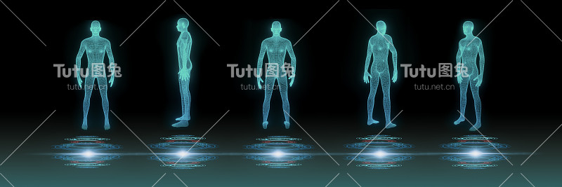 未来线框人体群活动，三维模型多边形点线，概念医学和技术，虚拟扫描解剖人体，人工智能或人工智能深度学习，旗帜全景