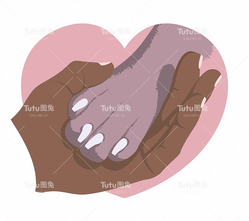 一只手轻轻地握着一只狗的爪子放在粉红色的心的背景上。爱狗的象征。动物保护团体。矢量平面设计。