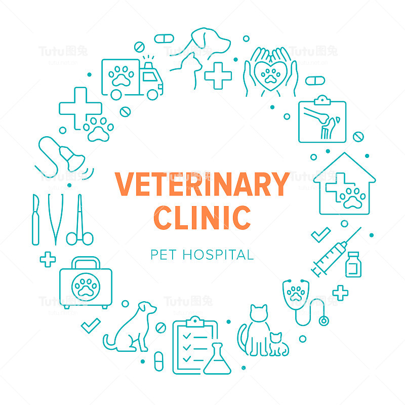 兽医诊所的圆形海报上有线条图标。矢量插图包括的图标为猫，小猫，狗，x光，手术器械，医院，注射器，听诊器轮廓象形兽医
