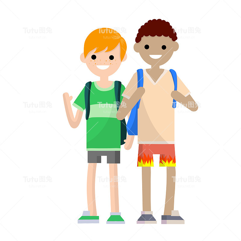 两个背着背包的学生朋友。男人穿短裤。夏天的假期