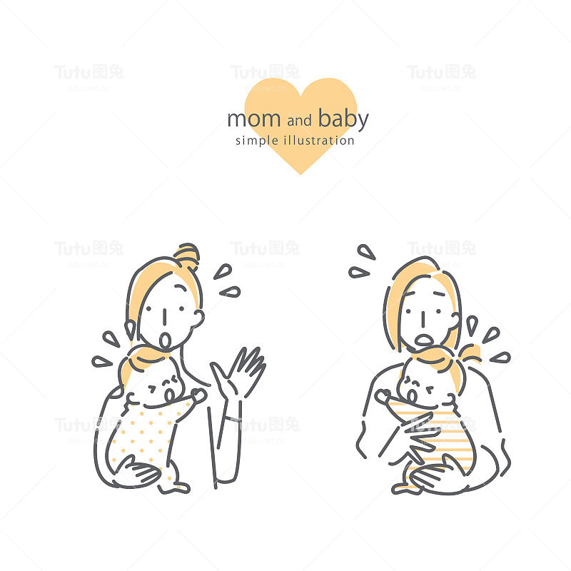 年轻的妈妈和她的孩子，线条艺术，双色