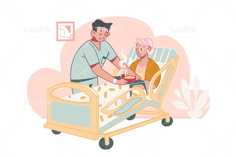 老年保健的概念。社会工作者或志愿者在养老院照顾和帮助一位卧床不起的残疾老年妇女。在家里帮助老年人。