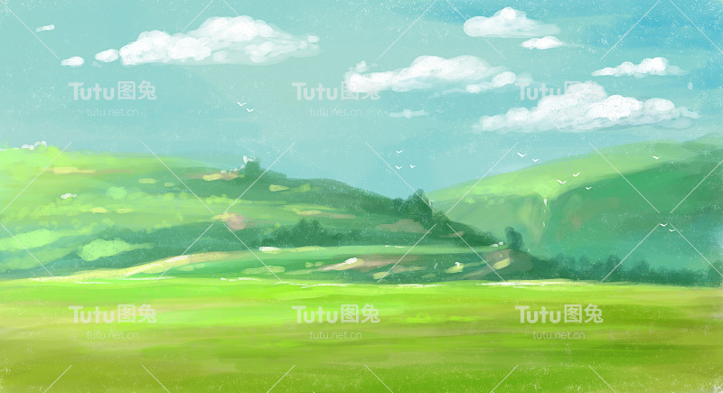 手绘的清新明亮的风景与山，田野和天空与白云。黎明,天
