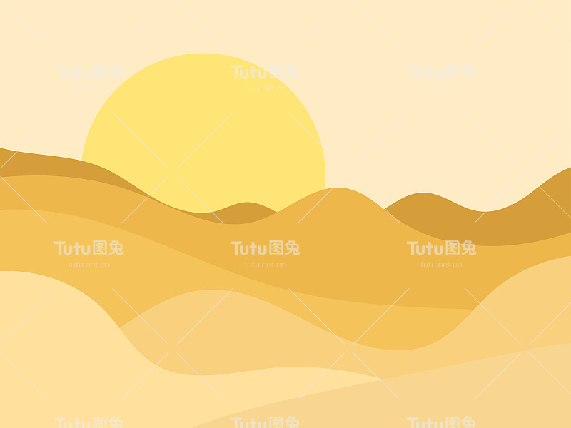 沙漠景观与沙丘在一个极简主义风格。黄色太阳平面设计。波西米亚装饰版画，海报和室内设计。中世纪现代装饰。矢量图