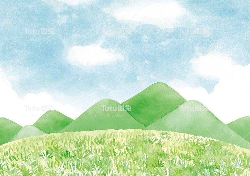 山和草坪景观水彩背景