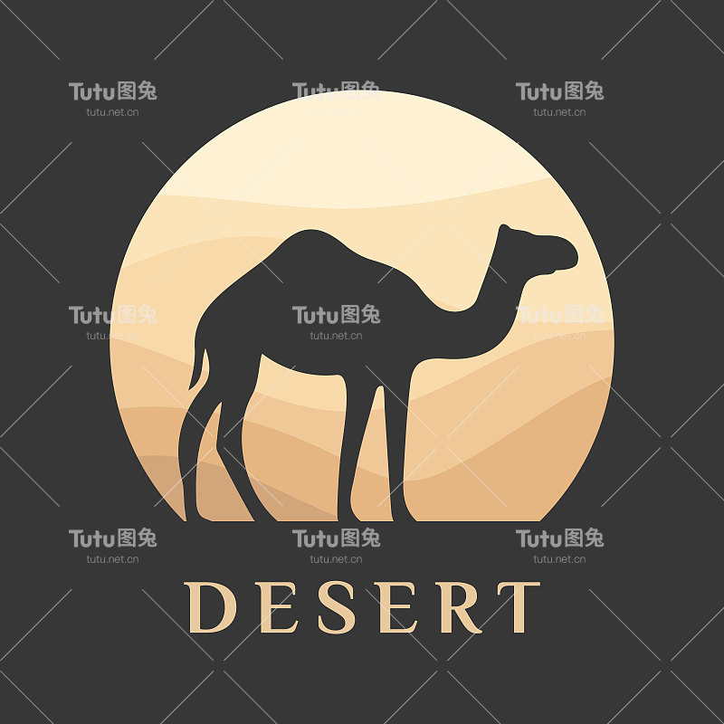 阿拉伯式骆驼在沙漠沙丘符号米色金色沙在炎热的太阳下在圆形波浪图案的背景。设计模板图标，徽章，象形图，符号，旅游标志，旅游热点。向量孤立