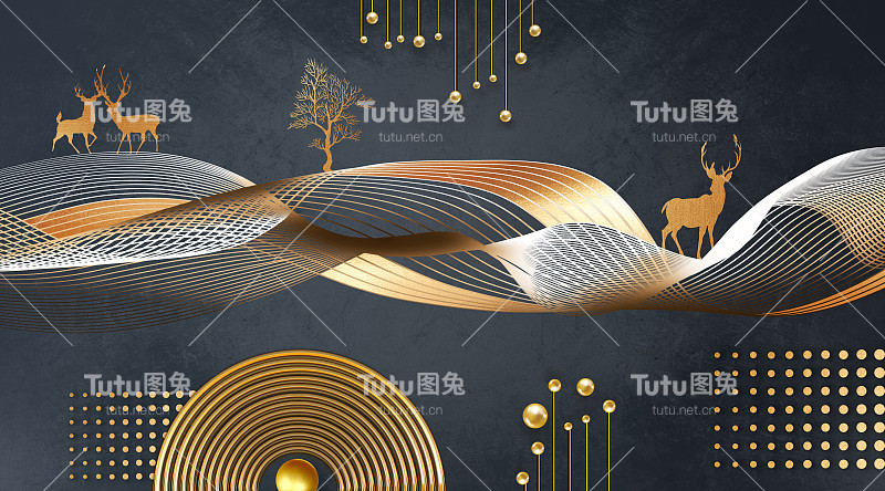 3d现代壁画艺术墙纸。金色的波浪线，金色的树和鹿。金色的圆圈，线条和球在黑暗的背景