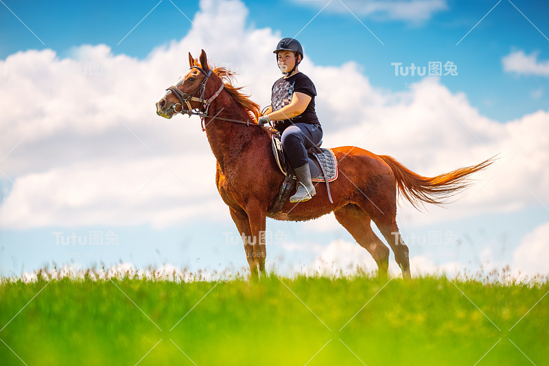 小男孩在田野里骑马