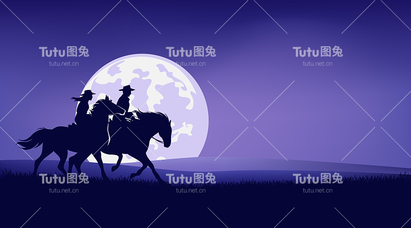 矢量剪影勾勒出女牛仔和骑着马的牛仔以及满月夜的景观