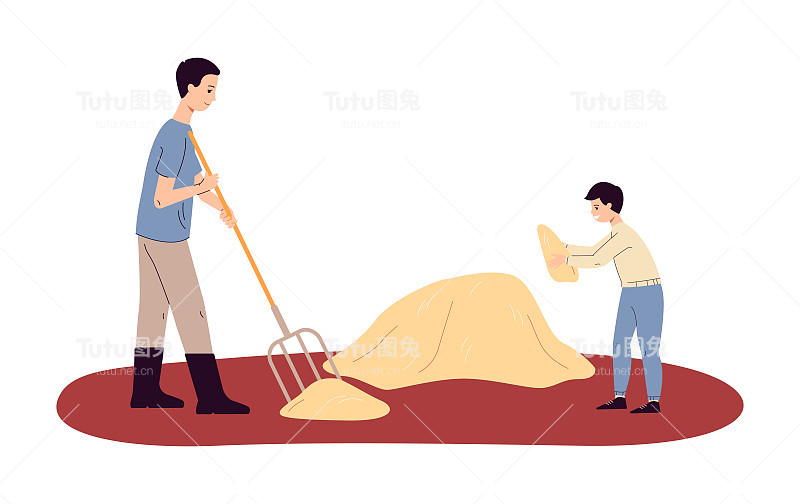 农民家庭在工作-儿子和父亲在农场为牲畜收割干干草。